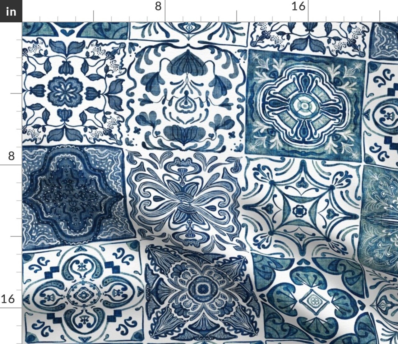 Cottagecore Geometric Modern Farmhouse Faux Tile Blue And White Floral Botanical Grandmillennial Coastal Mediterranean Traditional Classic Custom Printed Fabric by Spoonflower Various Fabrics by the Yard or Fat Quarter